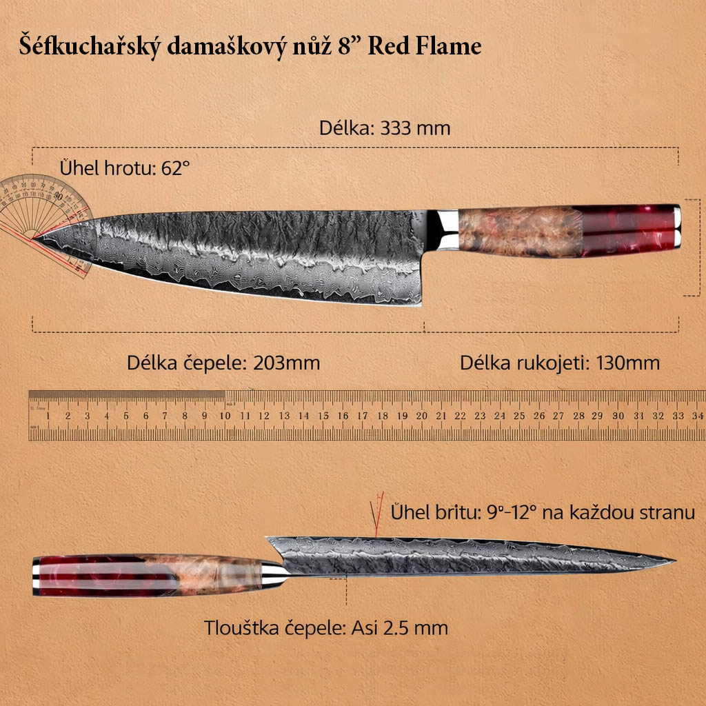Šéfkuchařský damaškový nůž Red Flame 11